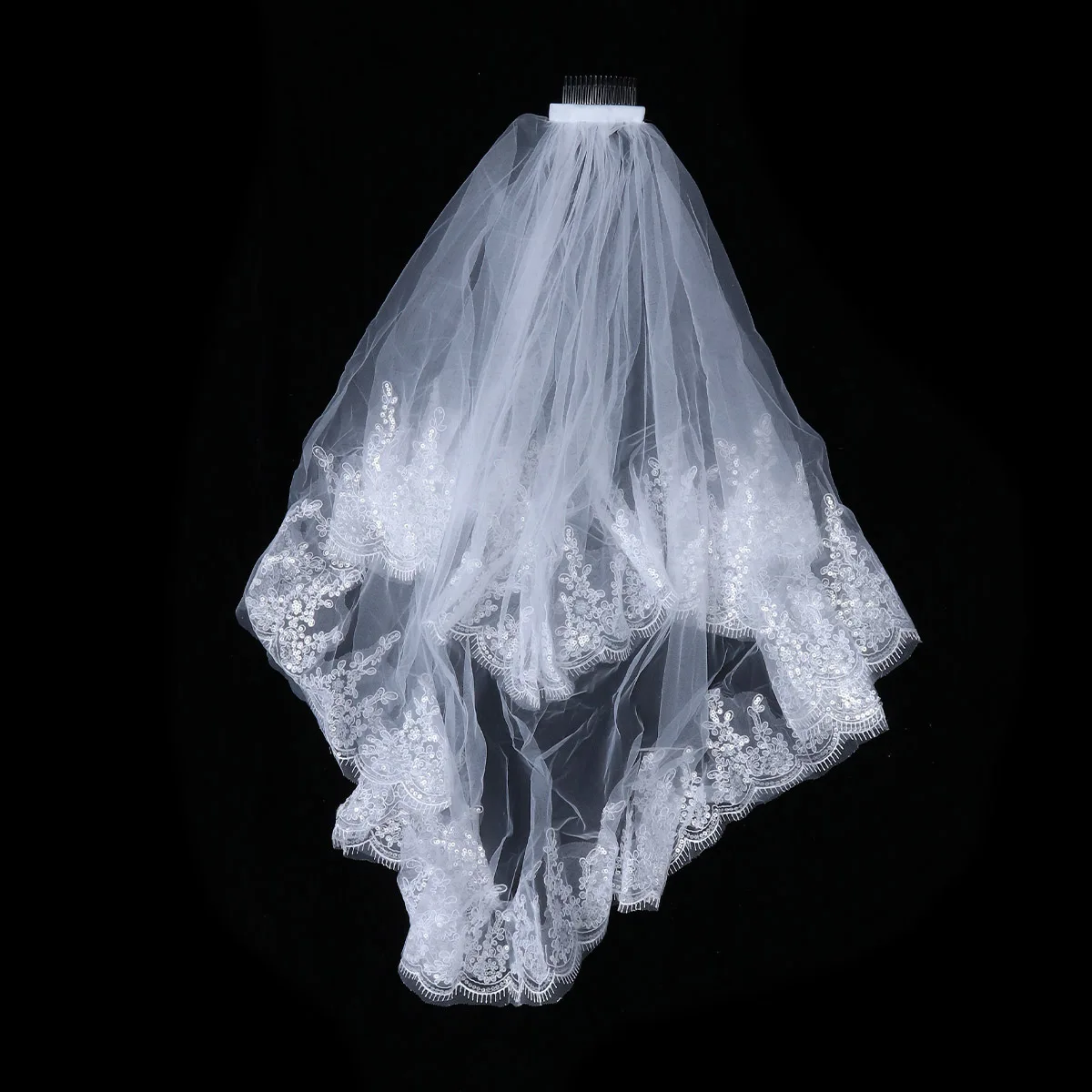 1 قطعة الدانتيل الأبيض الترتر طبقة مزدوجة الحجاب الزفاف مشط الشعر الحجاب الكمال اكسسوارات الزفاف اكسسوارات الزفاف #5