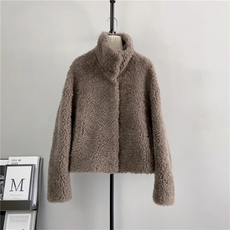 Casaco monocromático de botão Sheep Shearling para mulheres, parka composta, jaqueta curta quente, lã de cordeiro, fêmea, outono, inverno, PT471