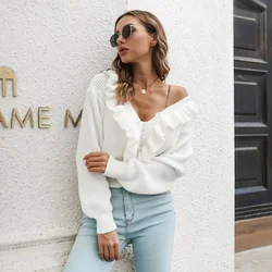 Ruffles Cardigan Long Sleeve Coat Autumn Winter Clothes Single Breasted Cardigans Women Fashion Streetwear White Knitted Sweater