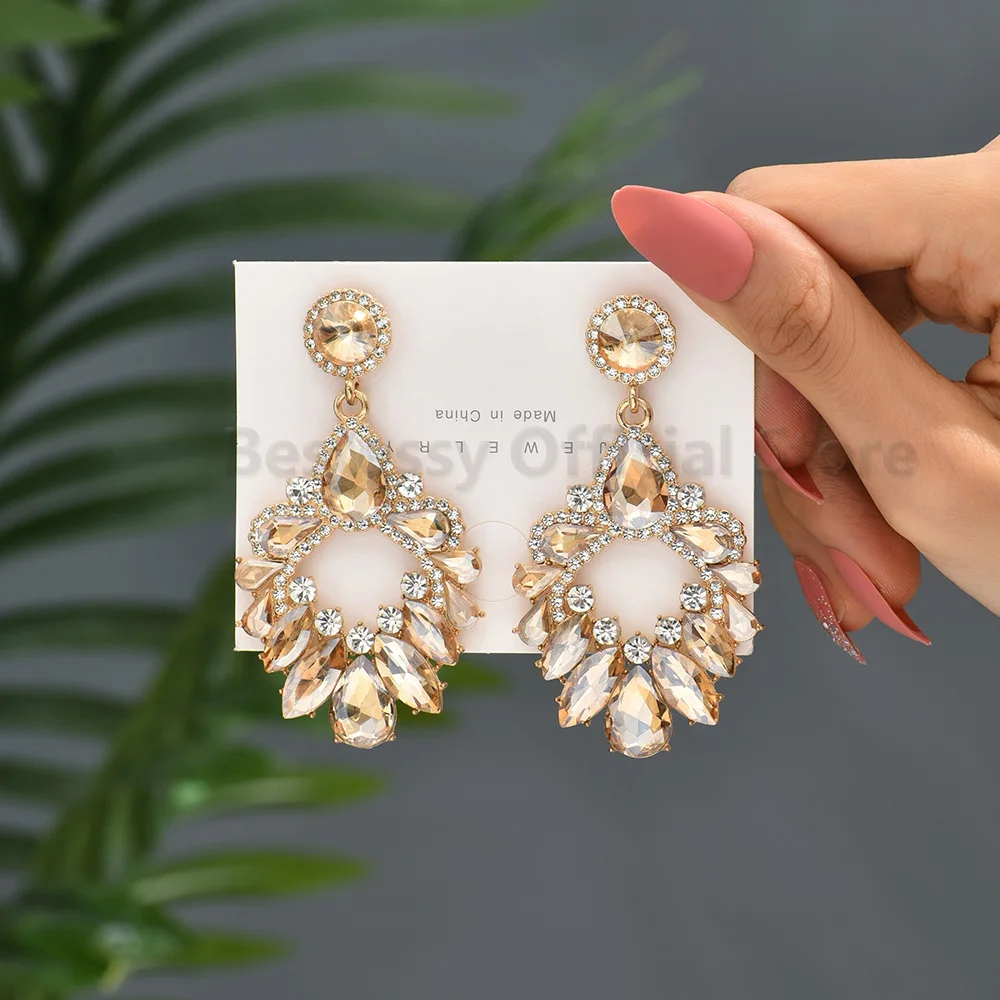 Statement Rhinestone Large Drop Dangle Earrings For Women Colorful Crystal Chandelier Designer Luxury Wedding Party Prom Jewelry