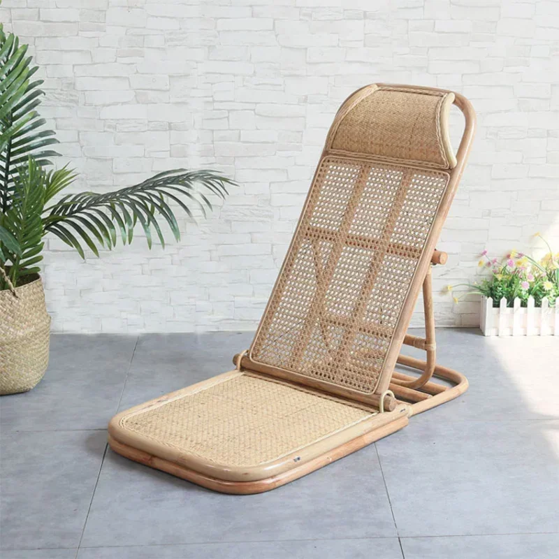 4-Gear Adjustable Folding Rattan & Wood Outdoor Floor Lounge Chair Long Reclining Chaise Patio Beach Deck Lazy Chair