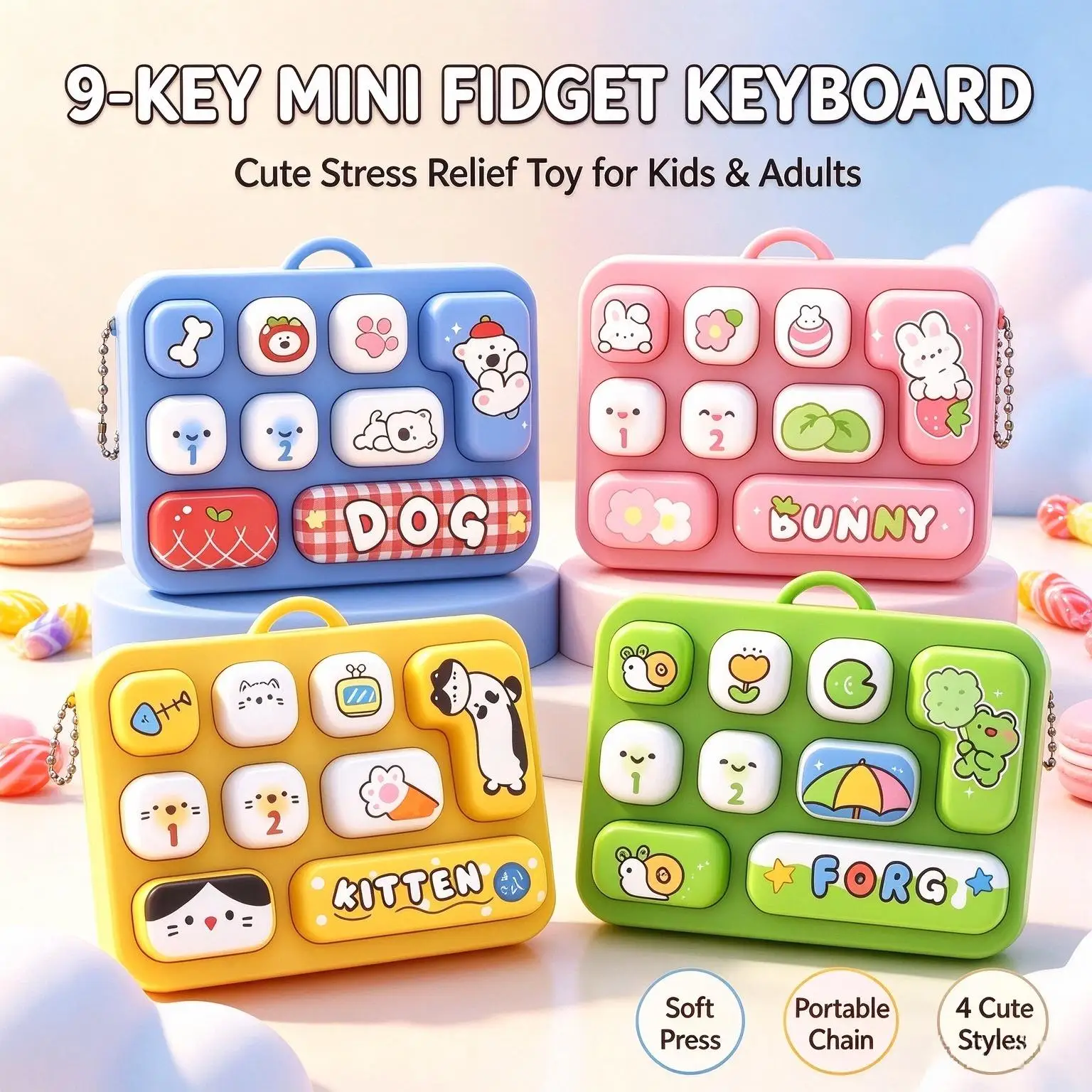 9 Keys Cute Animal Keyboard Fidget Toy Mini Push Button Keychain Pocket Sensory Stress Relief Toy Birthday Goodie Bag Stuffer