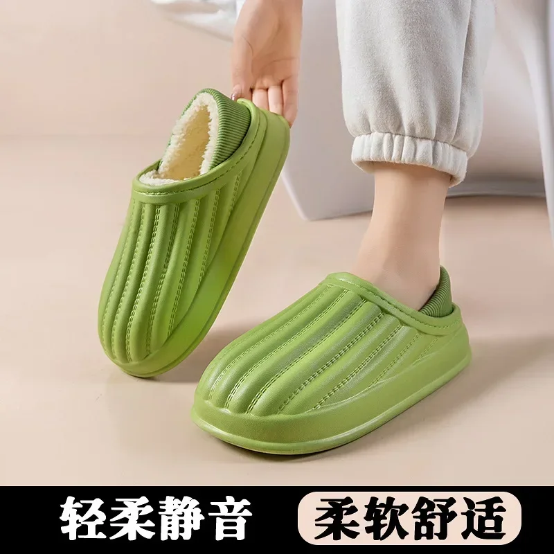 Autumn Winter Plush Warm Indoor Casual Soft Cotton Slippers Couple Style Concise Stripes Wrap Heels Anti Slip Waterproof Shoe