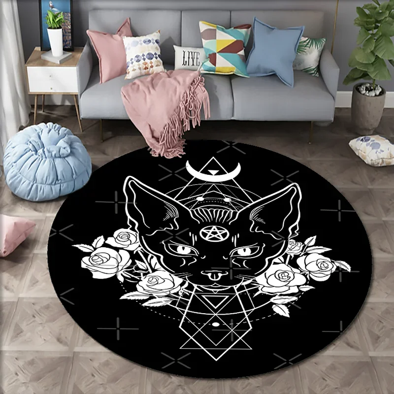 Crystal Velvet Satanic Cat Throne Round Rug Black Area Mat for Bedroom Living Room Bath Chair Decor