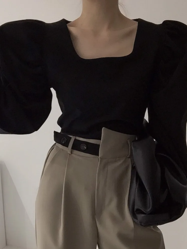 เสื้อผู้หญิงเอเล ฮีปเบิร์น ทรงสี่เหลี่ยม แขนพอง ยาว แฟชั่นฤดูใบไม้ร่วง รุ่นใหม่ สวยมีเสน่ห์