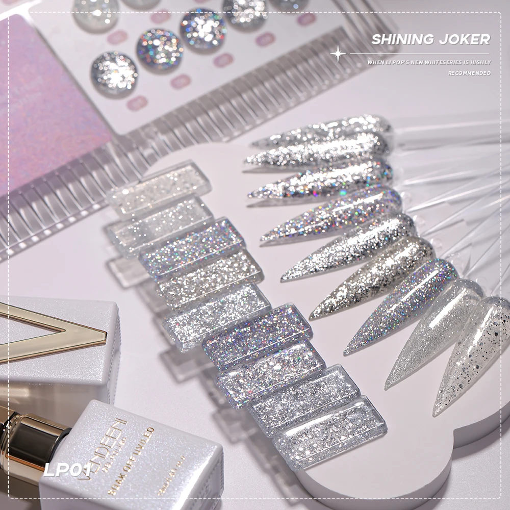 Vendeeni 9 ألوان/مجموعة بريق الفضة الترتر هلام طلاء الأظافر الأشعة فوق البنفسجية عاكسة شظايا معدنية مانيكير مسمار الورنيش مع بطاقة اللون