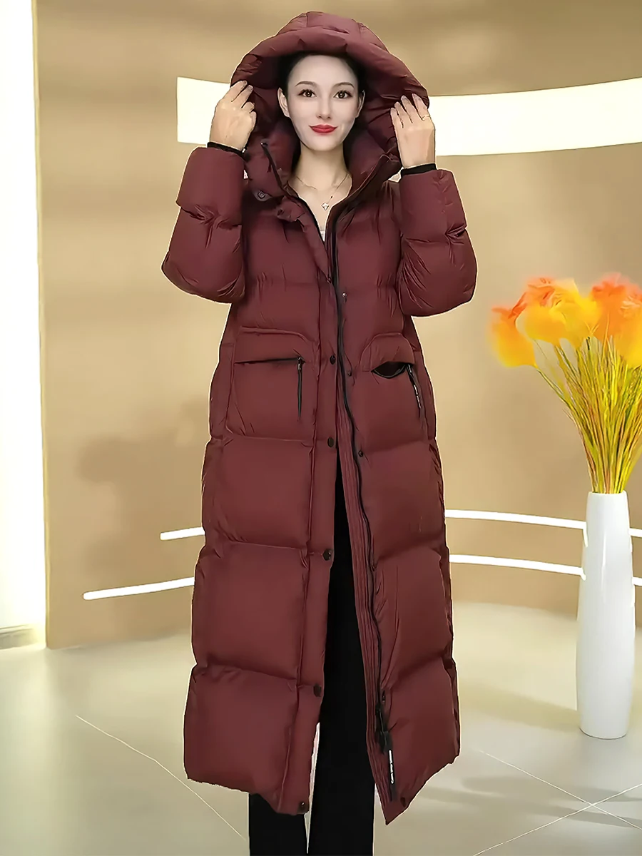 Elegante Piumino Casual di Alta Gamma Bianco da Donna, Cappotto Lungo con Cappuccio e Collo Alto, Novità Invernale