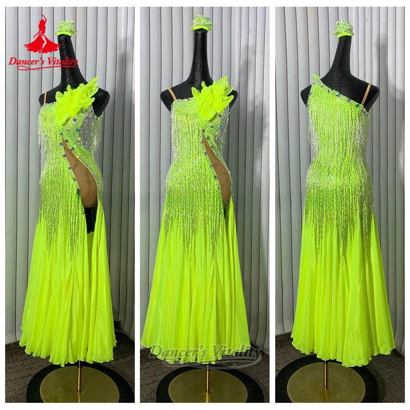 Adult American Style Viennese Waltz AB Stone Dress Customize Teenager Ballroom Dance Contest Side Split Clothe Dancer's Vitality