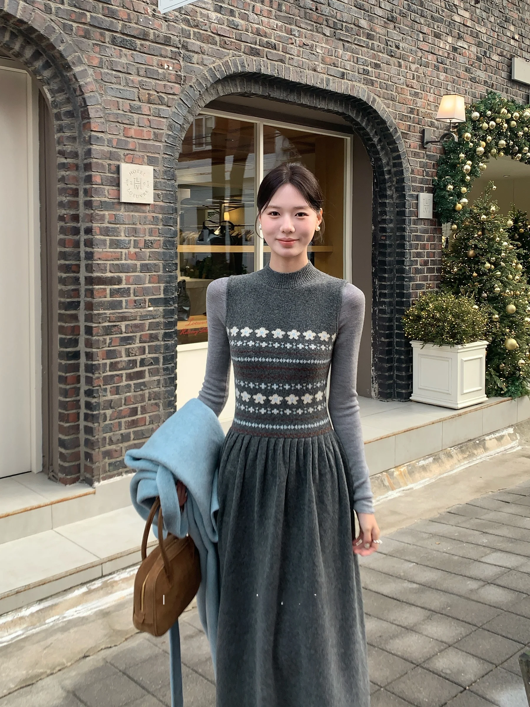 

Korean Sle Cisas Night Fair Isle Embroidery Dr Big Flower Self-Research Polyester Fiber A-Line Skirt Svel Slim...