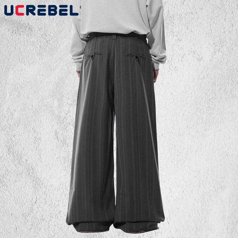 مخطط البدلة السراويل الرجال الخام حافة الرجعية شارع العليا فضفاض واسعة الساق الرباط عارضة السراويل رجل #3