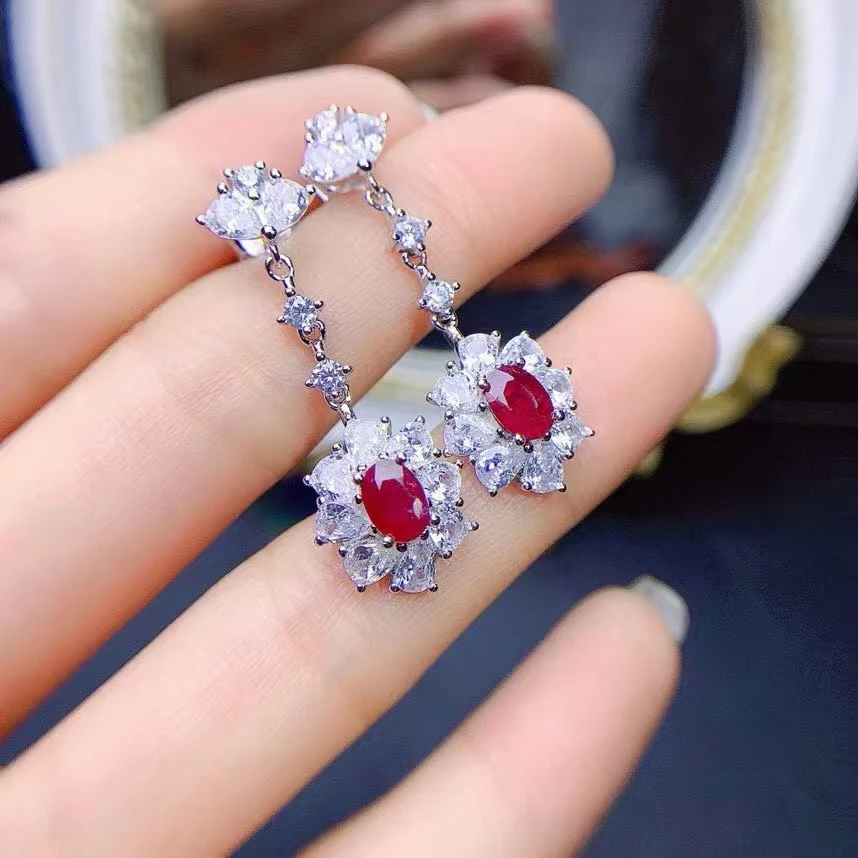 

Natural Ruby Drop Earrings for Wedding 4mm * 6mm I Grade Ruby Earrings Solid 925 Silver Ruby Party Jewelry Girl Gift