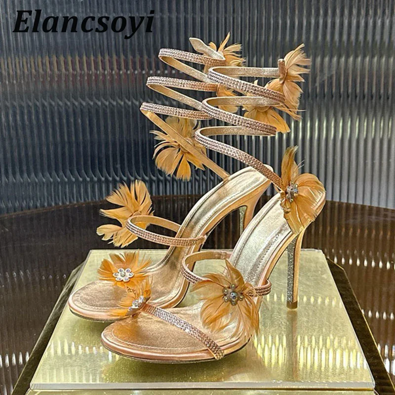Sexy Dünne Absatz-Sandalen für Damen mit Strass, Federn und Blumen, Knöchelriemen aus Schlangengewebe, Party-Schuhe, Sommer High Heels Sandalias