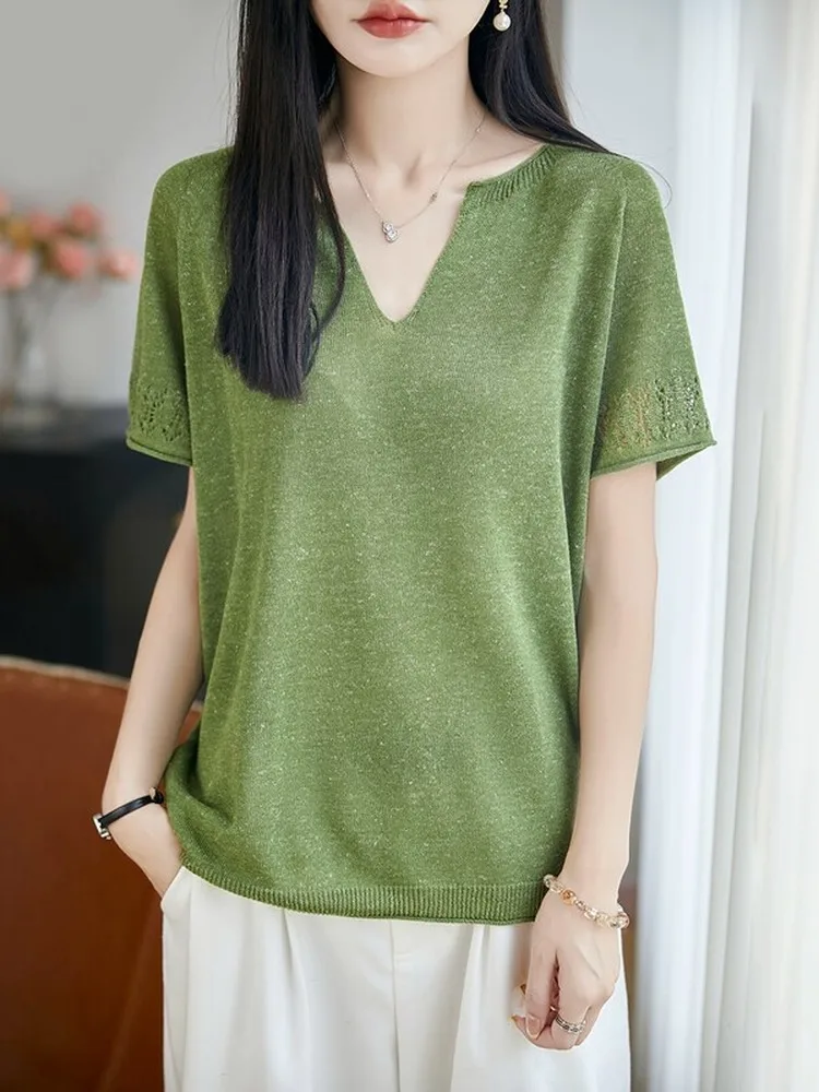 

Women's V-Neck Short Sleeve Knitted Top Thin Loose Slimming Green High-End Soft Cool Feeling T-Shirt Casual Style Summer Fashion