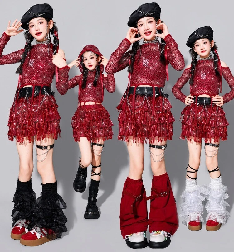 Girls K-pop Sequin Crop Hoodies Street Dance Fringed Skirt‌ Clothes Sets Kids Hip Hop Shiny Costumes Child Girl Group Streetwear