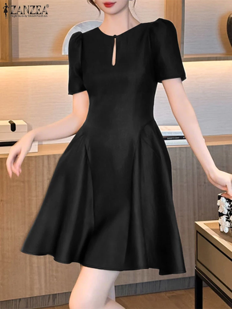 ZANZEA لامعة الساتان ثقب المفتاح س الرقبة ألف خط الجلباب قصيرة الأكمام 2025 موضة أنيقة الصلبة فستان كوكتيل حفلة امرأة فساتين صغيرة