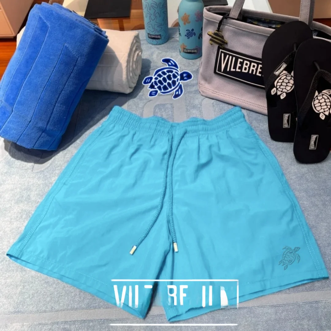 Vilebrequin Men's Beach Shorts Turtle Dive  Color Embroidery Inner  Swimwear mid Elasticity Reversible Polyester