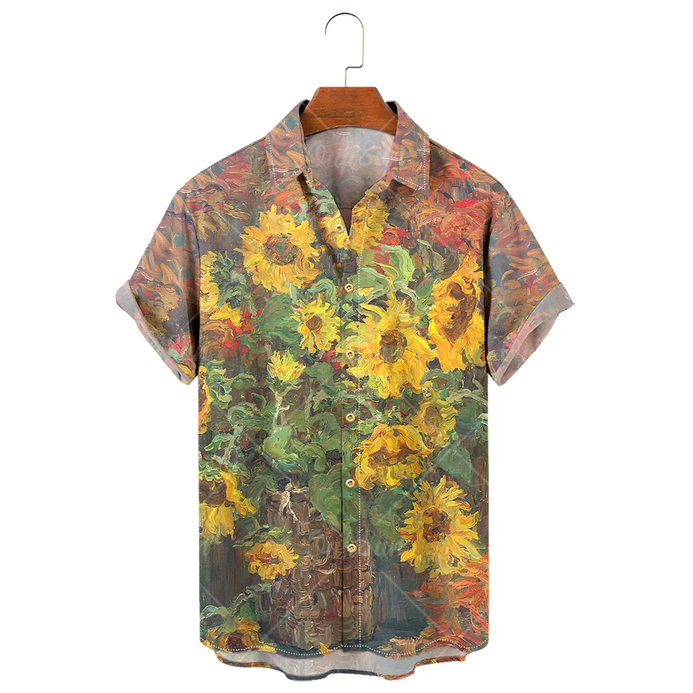 

Men's Hawaiian Shirt, 3D Sunflower Print T-Shirt, Floral Single Row Button Shirt, Lapel, Large 5XL, Casual Style, Men's Beach To