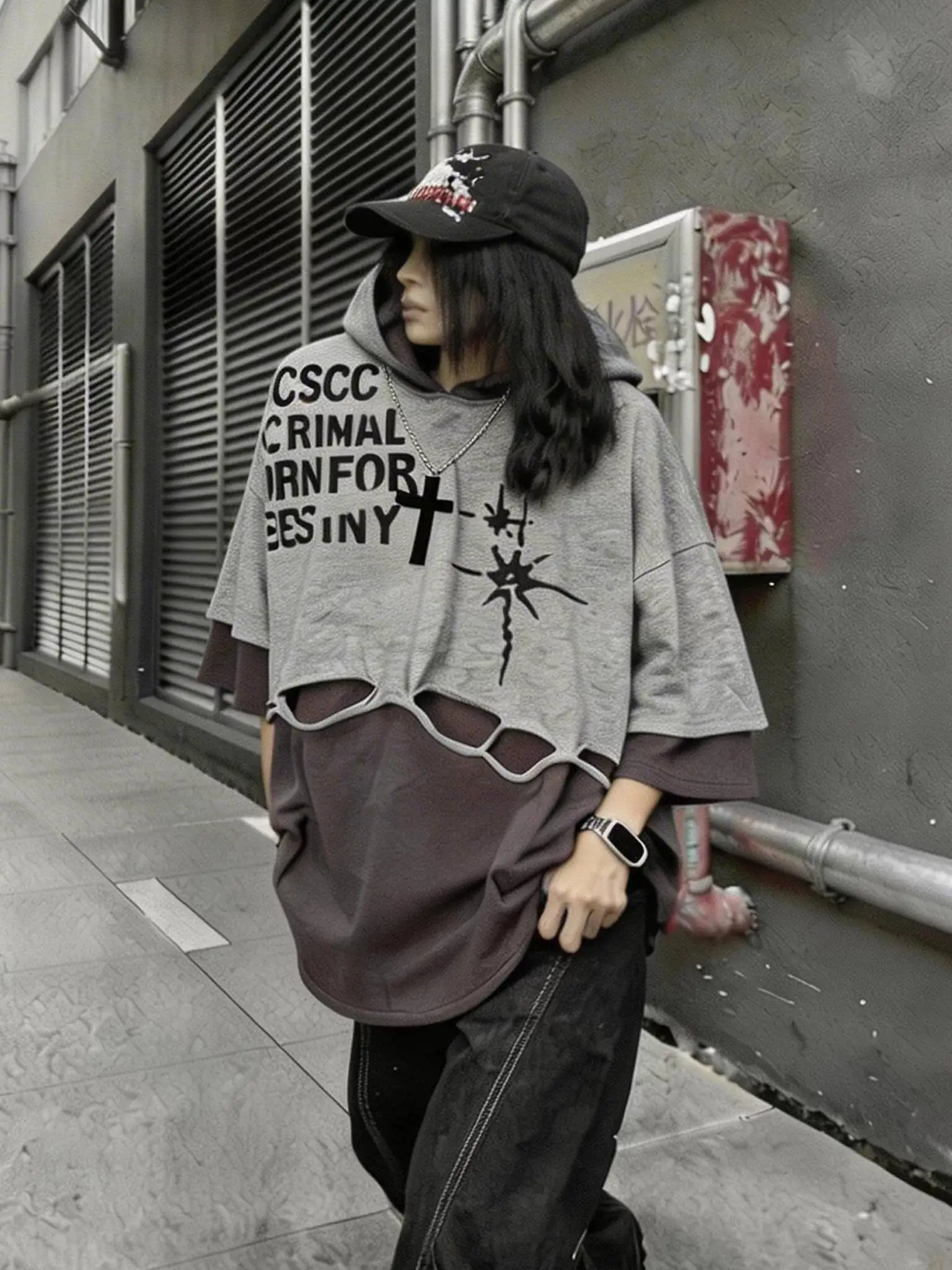 Unsiex Gothic Punk Hoodies 2026 New Hip Hop Vintage Hooded Loose Fake Two Piece Letters Print Casual