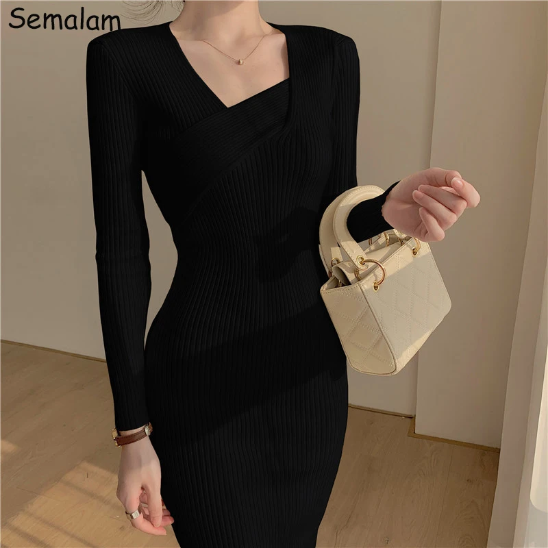 

V Neck Knit Dresses For Women Sexy Bodycon Long Sleeve Dress Lady Sheath Knitdress Solid Slim 2022 Autumn Winter Black Knitwear