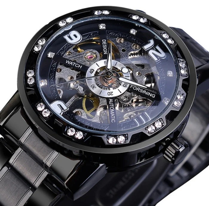 2024 new men\'s fashionable casual classic popular hollowed out rhinestone manual mechanical watch