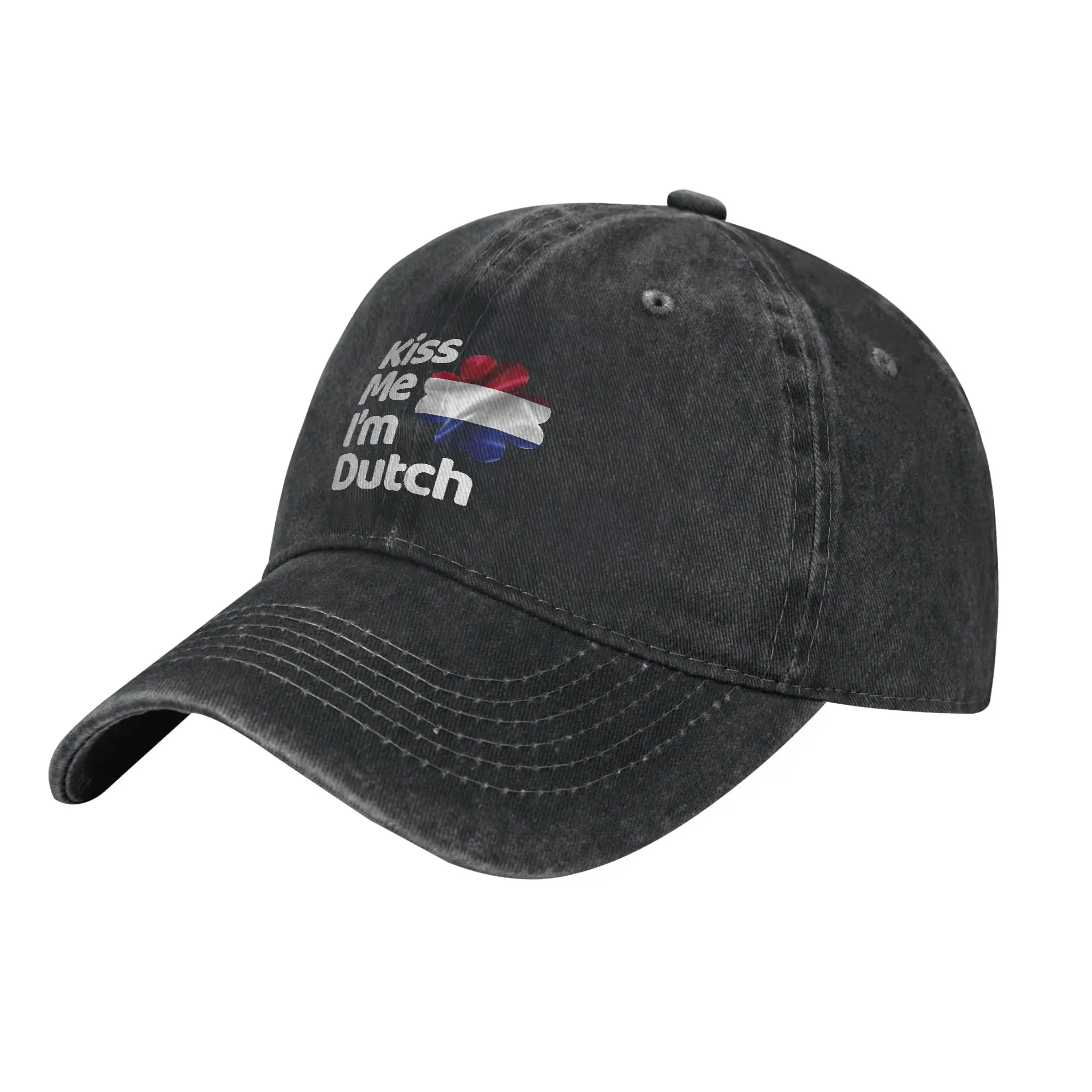 Men Women Kiss Me I am Dutch from Netherlands Print Hat Vintage Distressed Denim Washed  Baseball Cap Adjustable