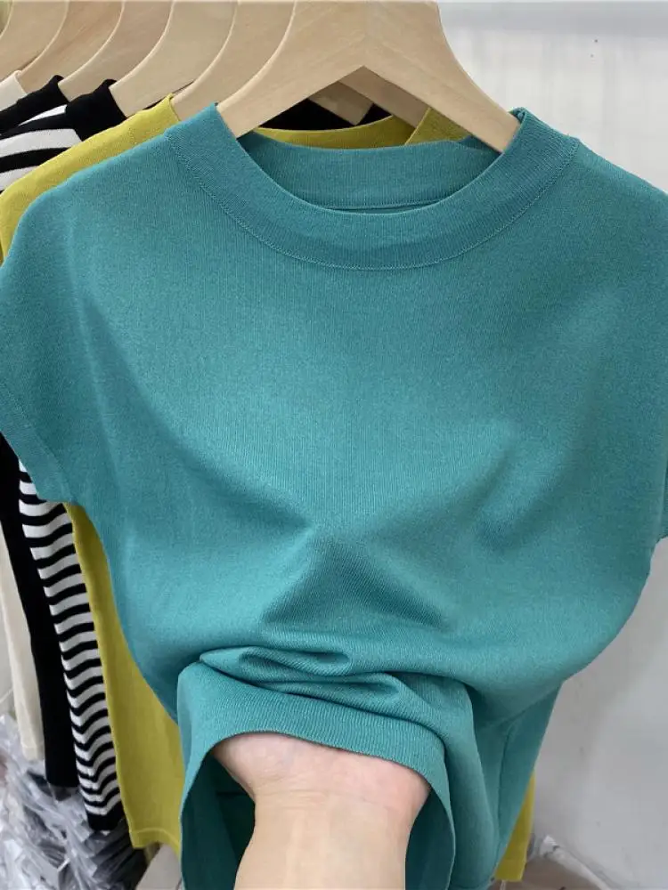 

Elegant Ice Silk Knitted Base Shirt Women's Top Brand Garment Tag Removed Commute Style Korean Version Summer Short Sleeve