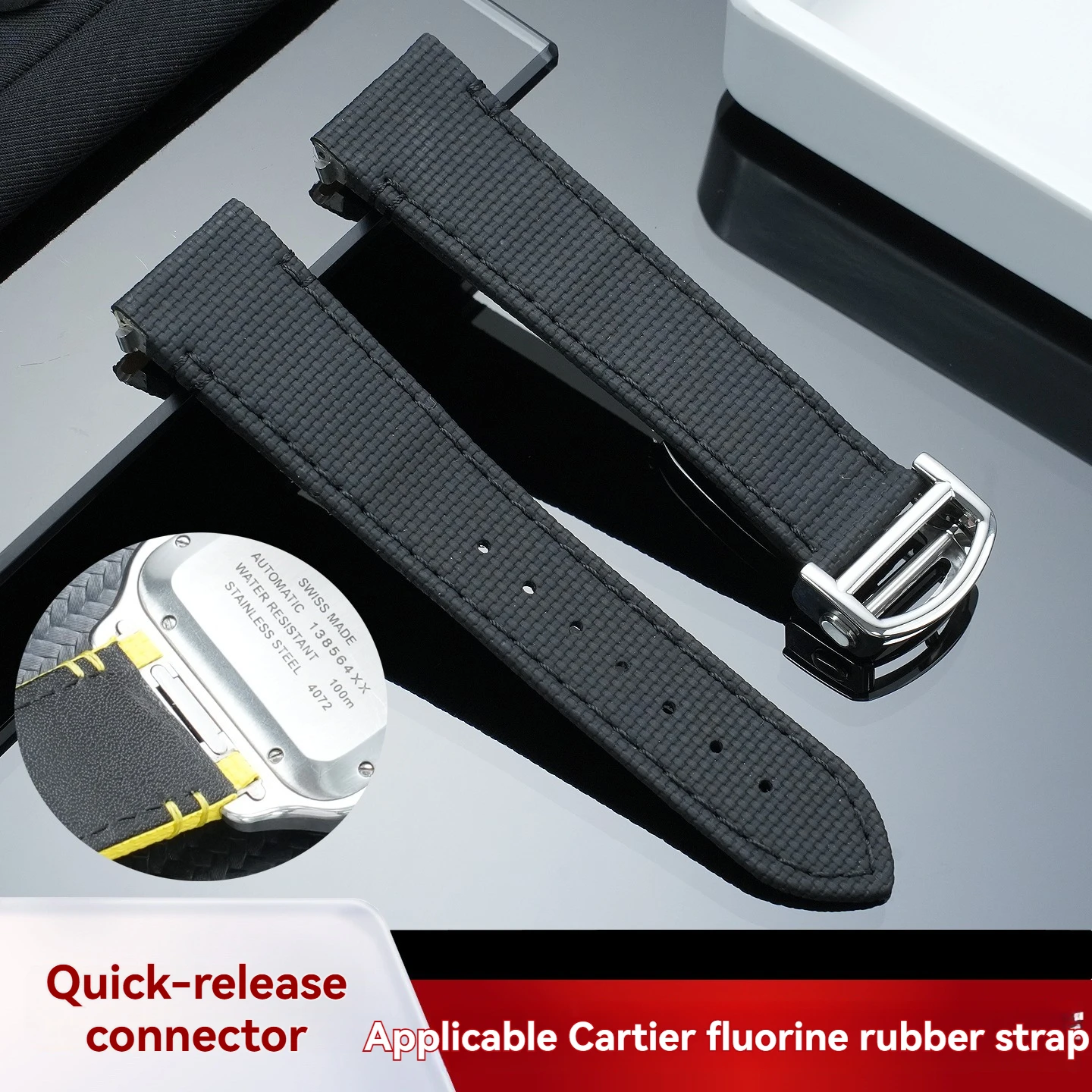 For Cartier Santos Collection WSSA0010: Quick-release fluororubber replacement strap with steel buckles, 15/19/21/23mm