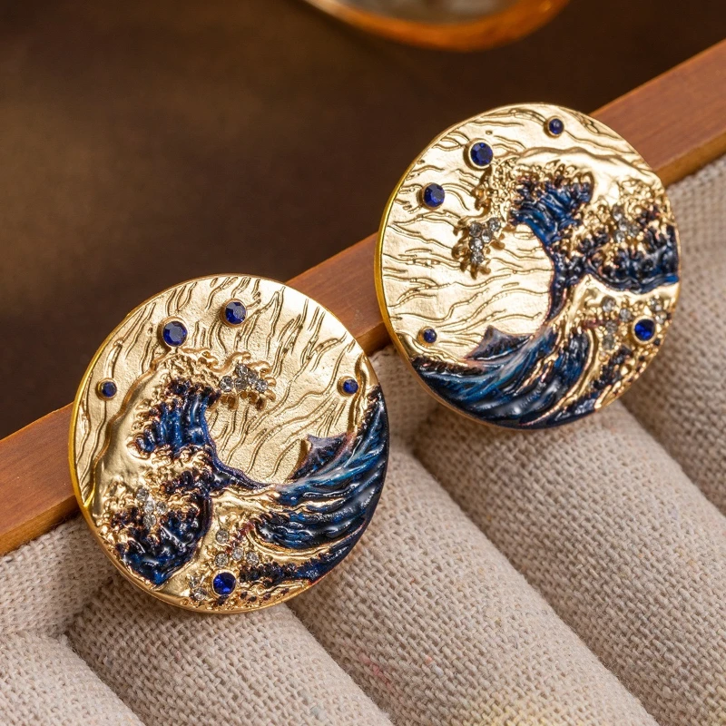 Vintage Wind Wave Texture Stud Earrings Ocean Pattern Small Stud Earrings Elegant Bohemian Fashion Accessories for Ladies