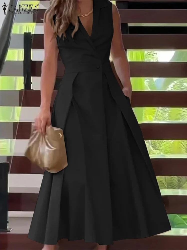 Zanzea 2024 Mode Frauen elegante Revers Hals ärmellose Sommerkleid Sommer A-Linie Kleid stilvolle solide Midi Party Vestido Sarafans