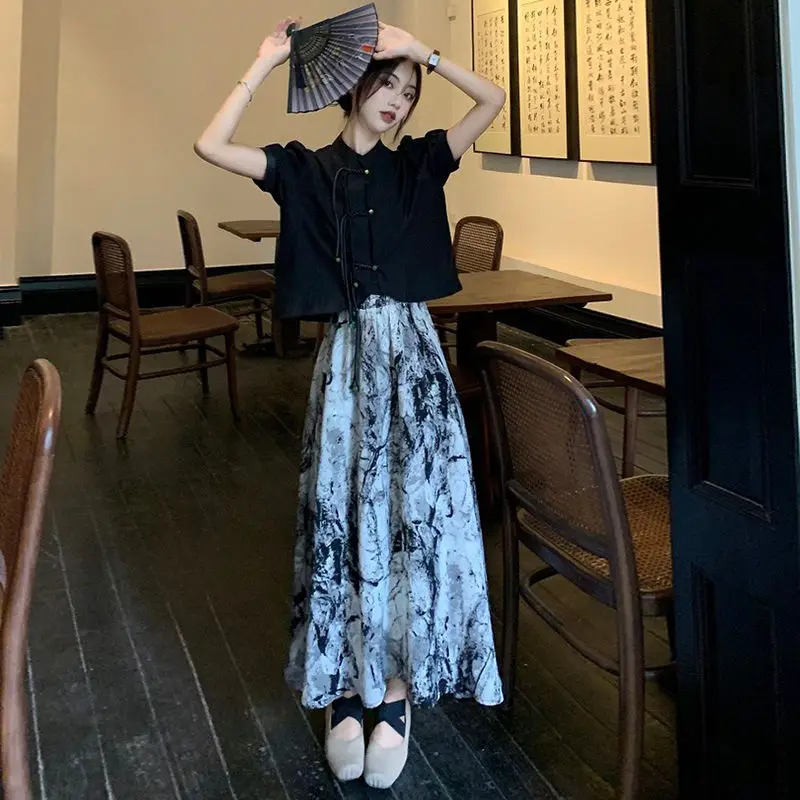 Chinese Style Design Sense Short Sleeved Shirt with Ink Painting Chiffon Skirt for Women's Summer 2024 New Fashion Two-piece Set