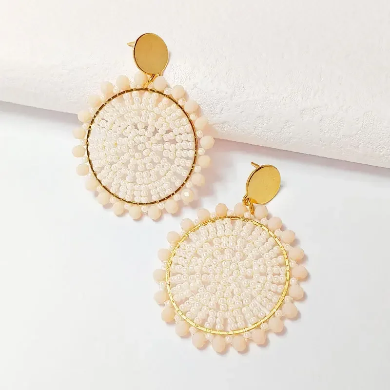 Rice bead earrings Crystal Roundness Originality Off-white Bohemia Hand knitting Alloy Fashion Female Simple Beaded earrings