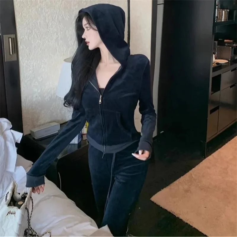 Two piece set Gold velvet Women's Suit Spring Autumn New Long sleeved Hooded Sweatshirt Coat Straight leg pants Casual Clothes