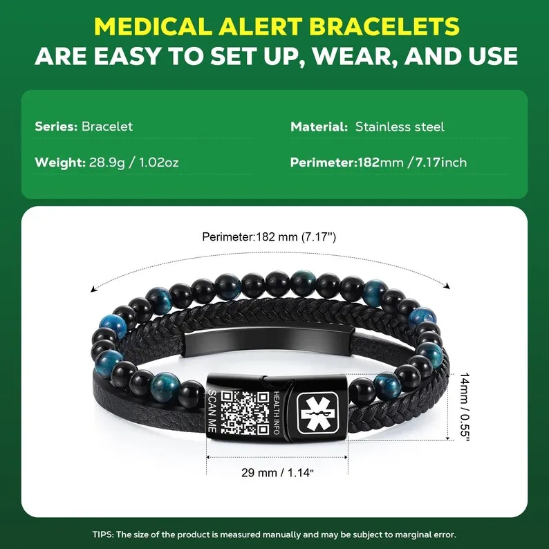 Natural Tiger Eye Stone Medical ID Bracelet Men Braided Genuine Leather Wristband Custom QR Code Emergency Alert Health Jewelry view 5