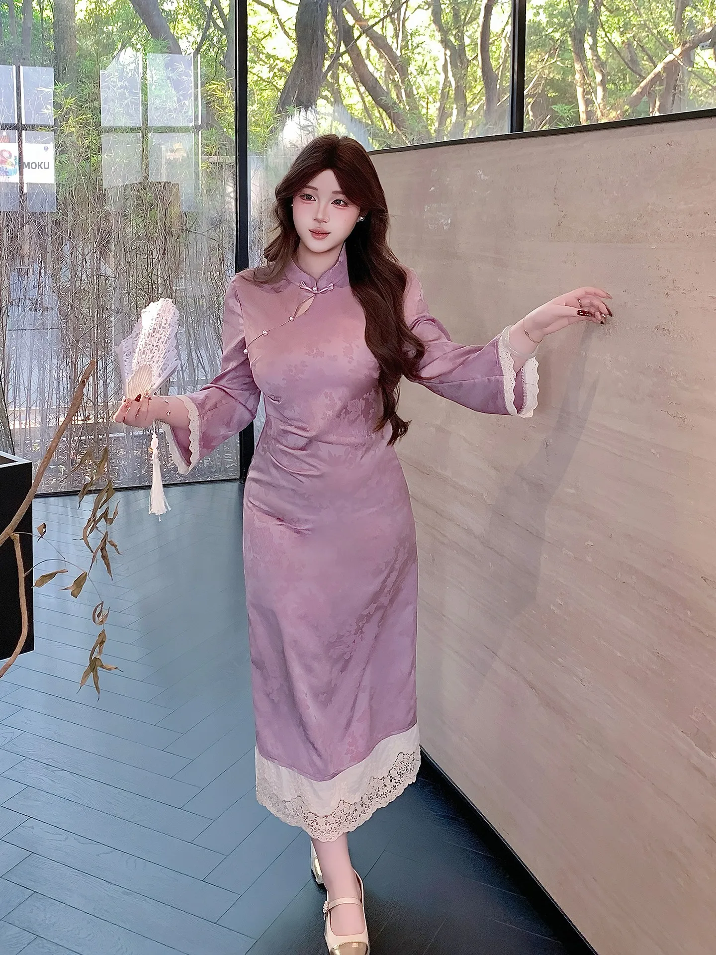 

Новое китайское платье-ципао больших размеров, фиолетовое, с высоким воротником, традиционное, модное, для женщин, с эффектом похудения