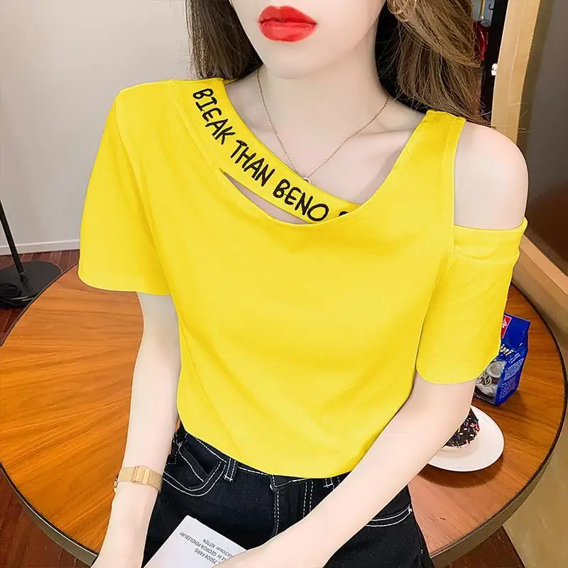 Fashion Skew Collar Spliced Hollow Out Letter Off Shoulder Blouse Female Clothing 2023 Summer New Casual Pullovers Sweet Shirt