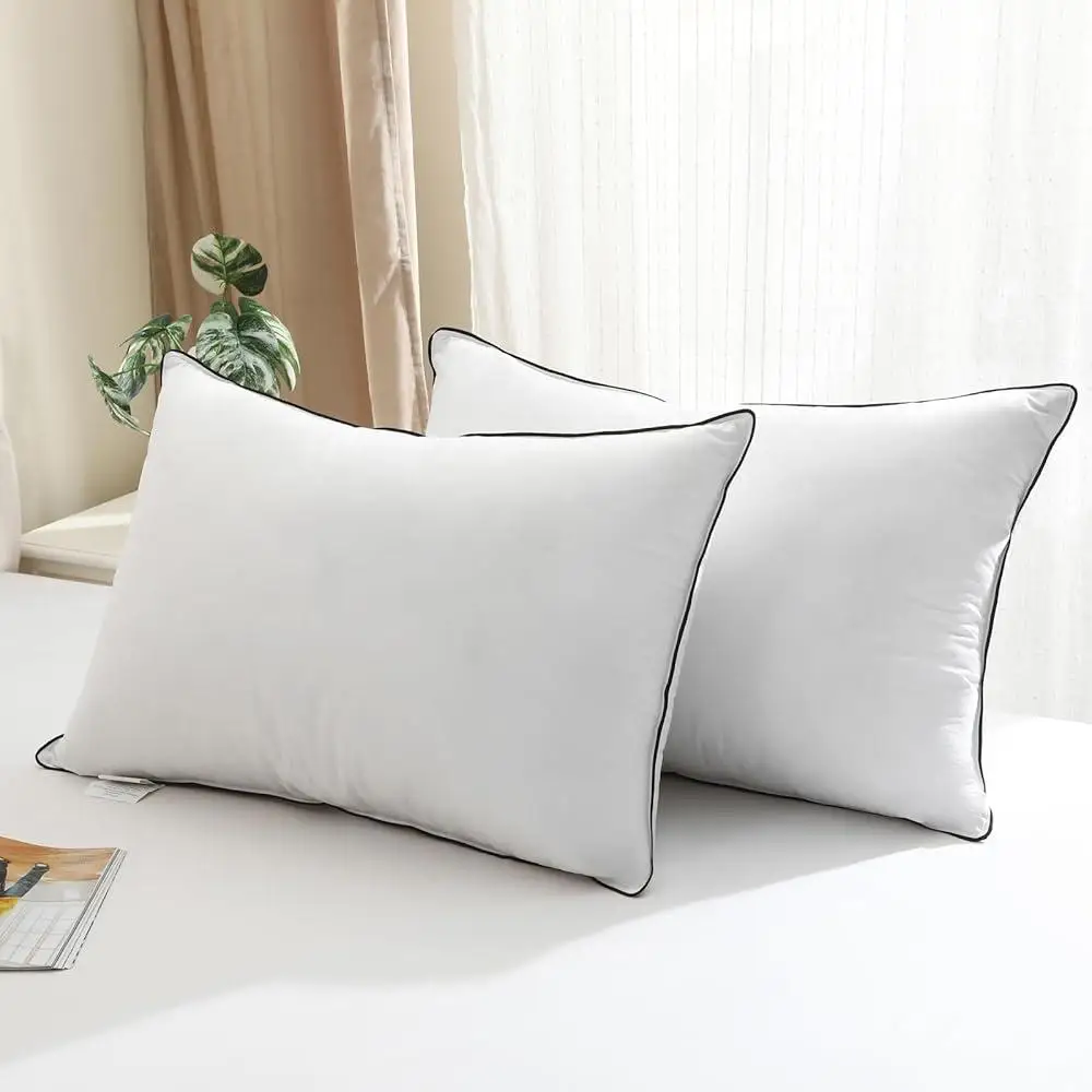 Goose Feather Down Pillows Set of 2 Luxury Organic Cotton Cover Soft Supportive Surround Fill Side and Back Sleepers