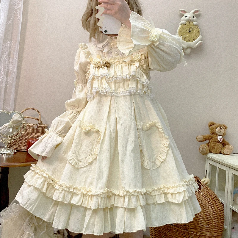 Japanese Victorian Gothic Lolita Jsk Dress Vintage Women Kawaii Bow Lace Strap Dresses Girls Elegant Princess Party Mini Dresses