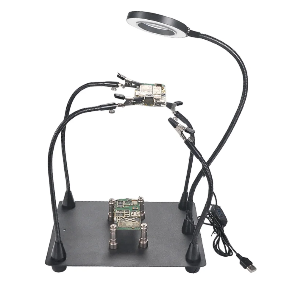 Electronic Soldering Fixture Welding Holder with 360 Rotatable Base 3x HD Lens 5 Adjustable Arms Anti Slip Pads