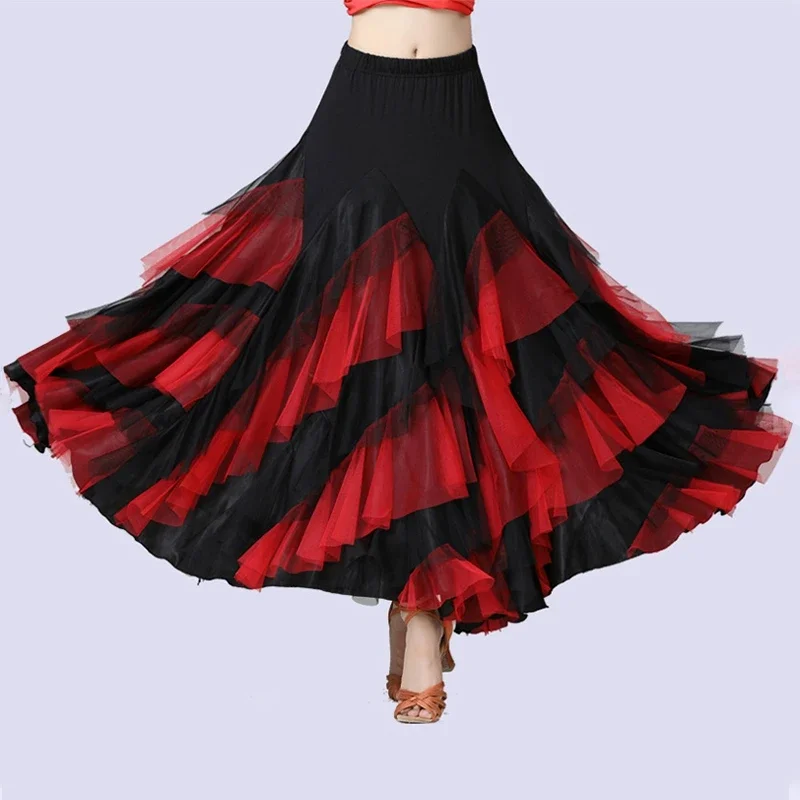 Moderna sala da ballo grande gonna altalena per le donne elegante raso multistrato abbinato colore Waltz Tango latino Dancedress