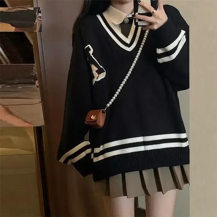 Japanese College Style V-neck Contrast Color Sweater Women Spring Autumn Loose Embroidery Pullovers