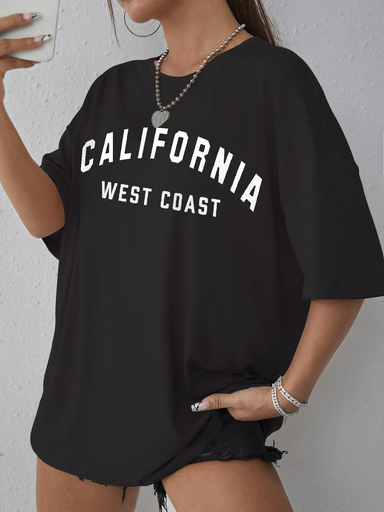Camiseta Vintage con estampado de la costa oeste de California, camiseta de gran tamaño para mujer, camiseta holgada transpirable con cuello redondo, ropa, camisetas, Tops