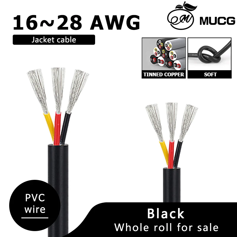 3Cores Black Jacket Cable Strand Tinned Copper Jacket Wire Flexible Wire Sheath Electrical Wires Sheath Electric Cable 18 20 AWG