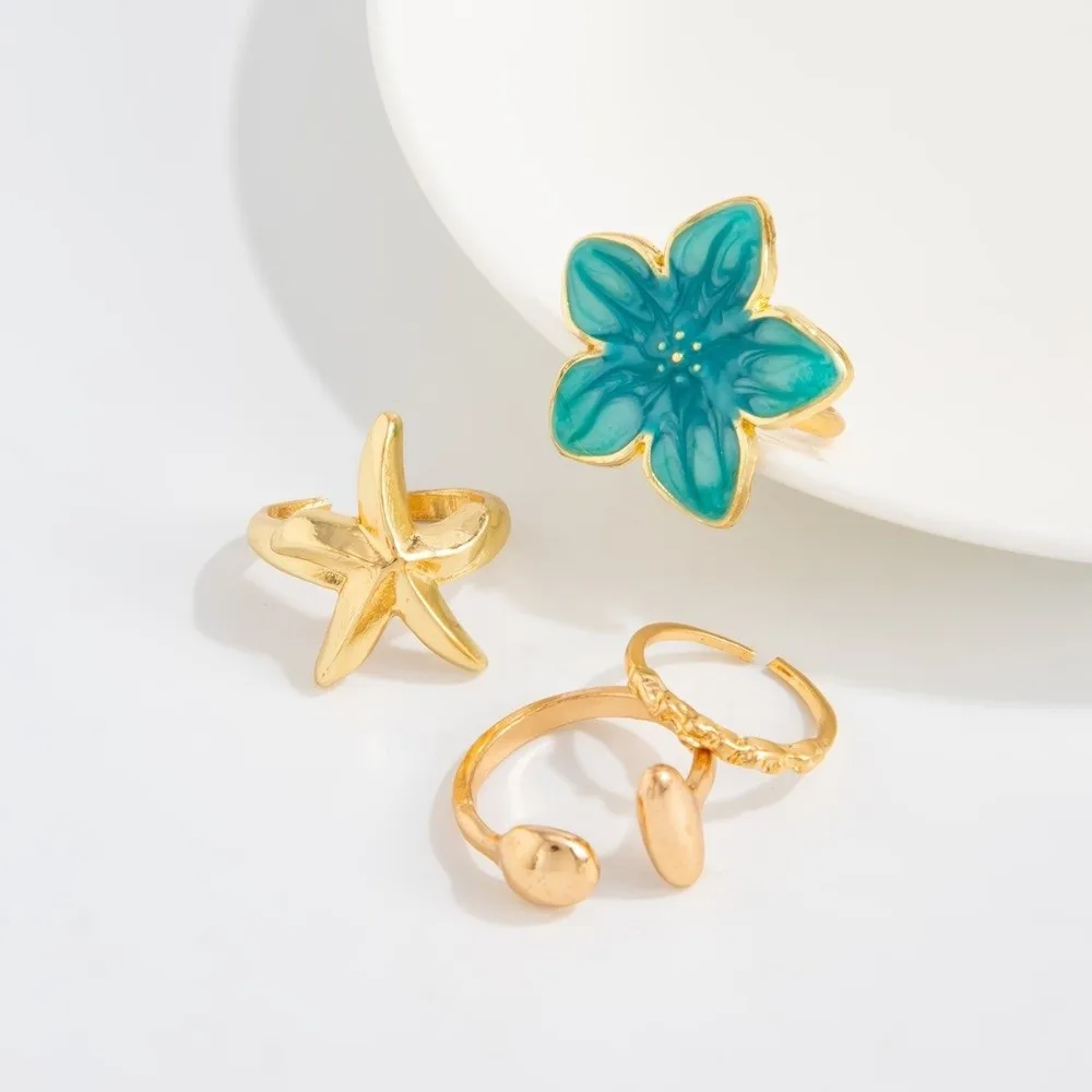 Blue Enamel Toe Ring Jewelry Wrinkle Detail Bright Tone Flower Starfish Toe Ring Flower Shape Starfish Form Enamel Toe Ring