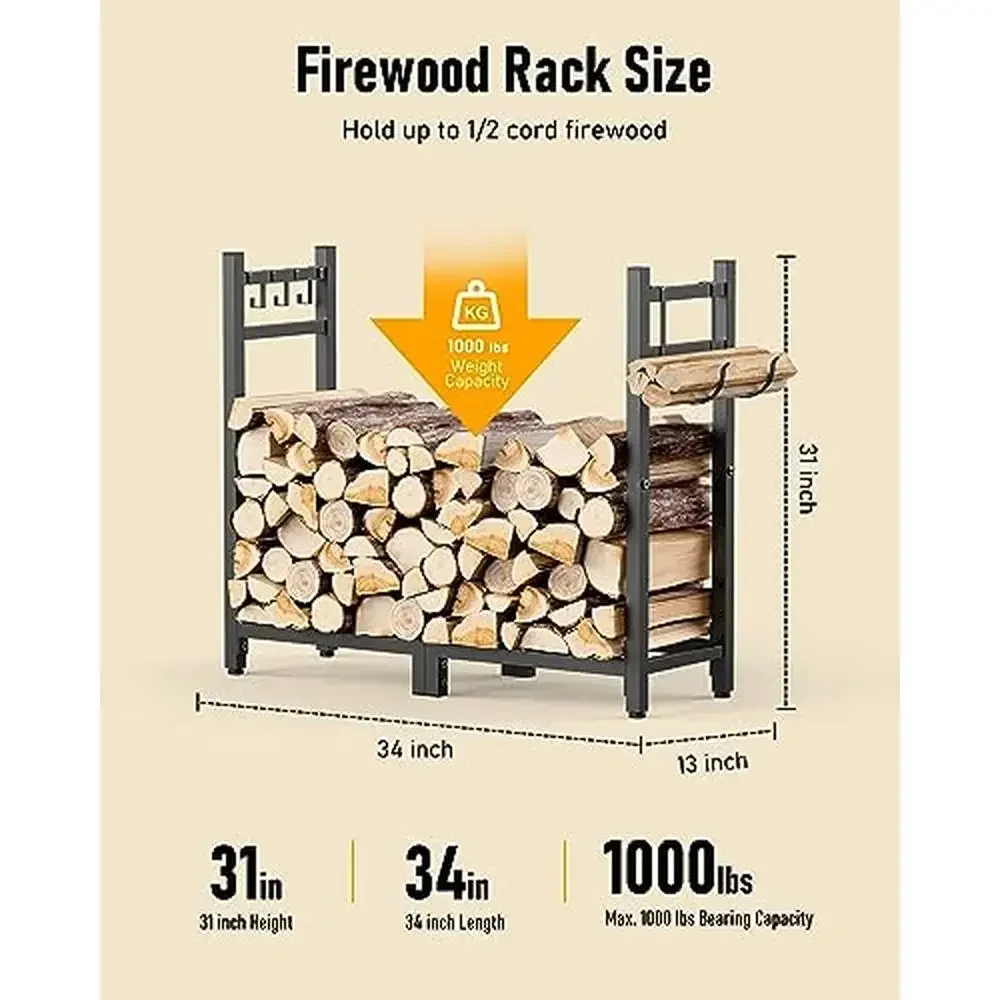 حامل تخزين الحطب مع حقيبة حامل سجل وخطافات قابلة للتعديل في الهواء الطلق/داخلي 34 بوصة رف تخزين الحطب من الفولاذ المتين