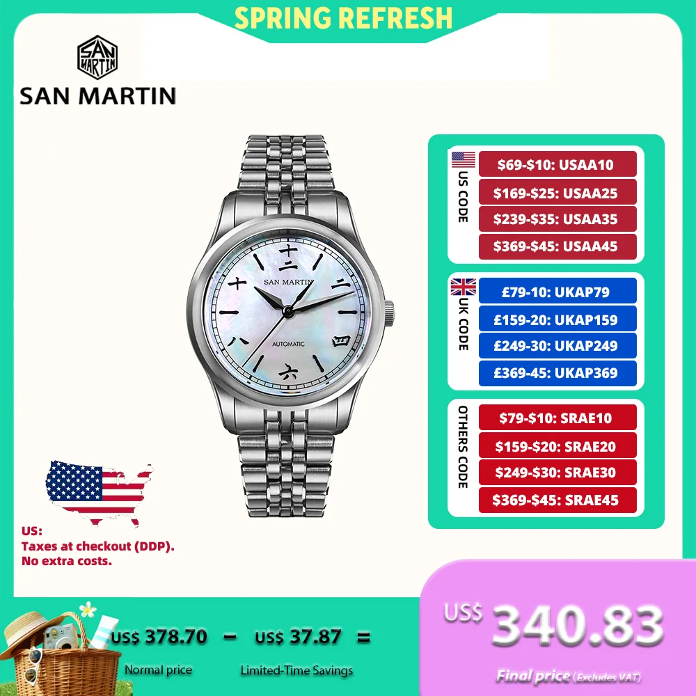 

San Martin 39mm Miyota 90S5 Chinese Style Leaf hands MOP Dial GADA Wristwatch Automatic Mechanical 5-Link Bracelet SN0144CG-4/5