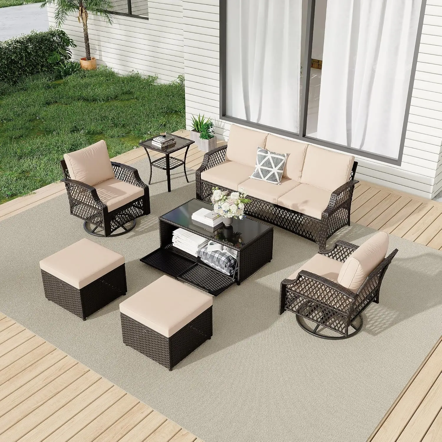 

7 Piece Patio Furniture Set, Wicker Outdoor Conversation Set With Swivel Chairs, 2 Ottomans, Storage Coffee Table,, Customized