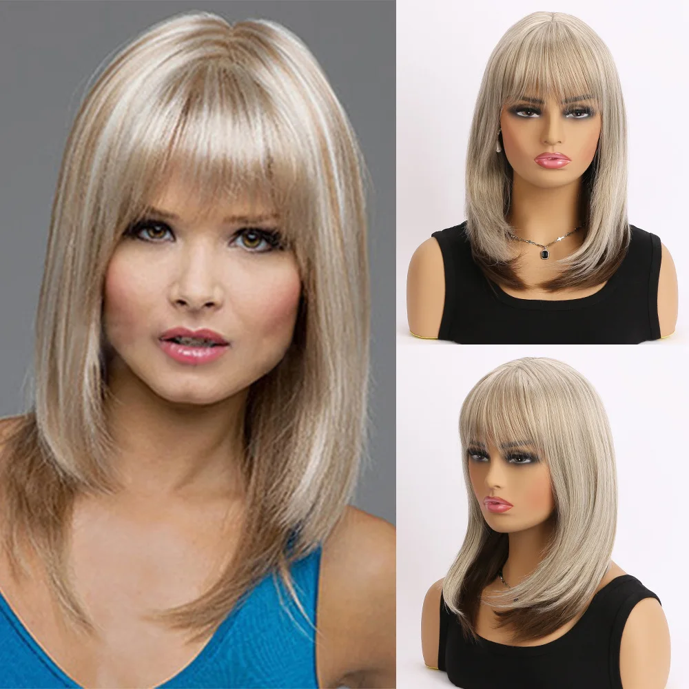 باروكة شعر مستقيمة متوسطة الطول للسيدات أوروبية وأمريكية، باروكة كاملة من الأكريليك للارتداء اليومي #1