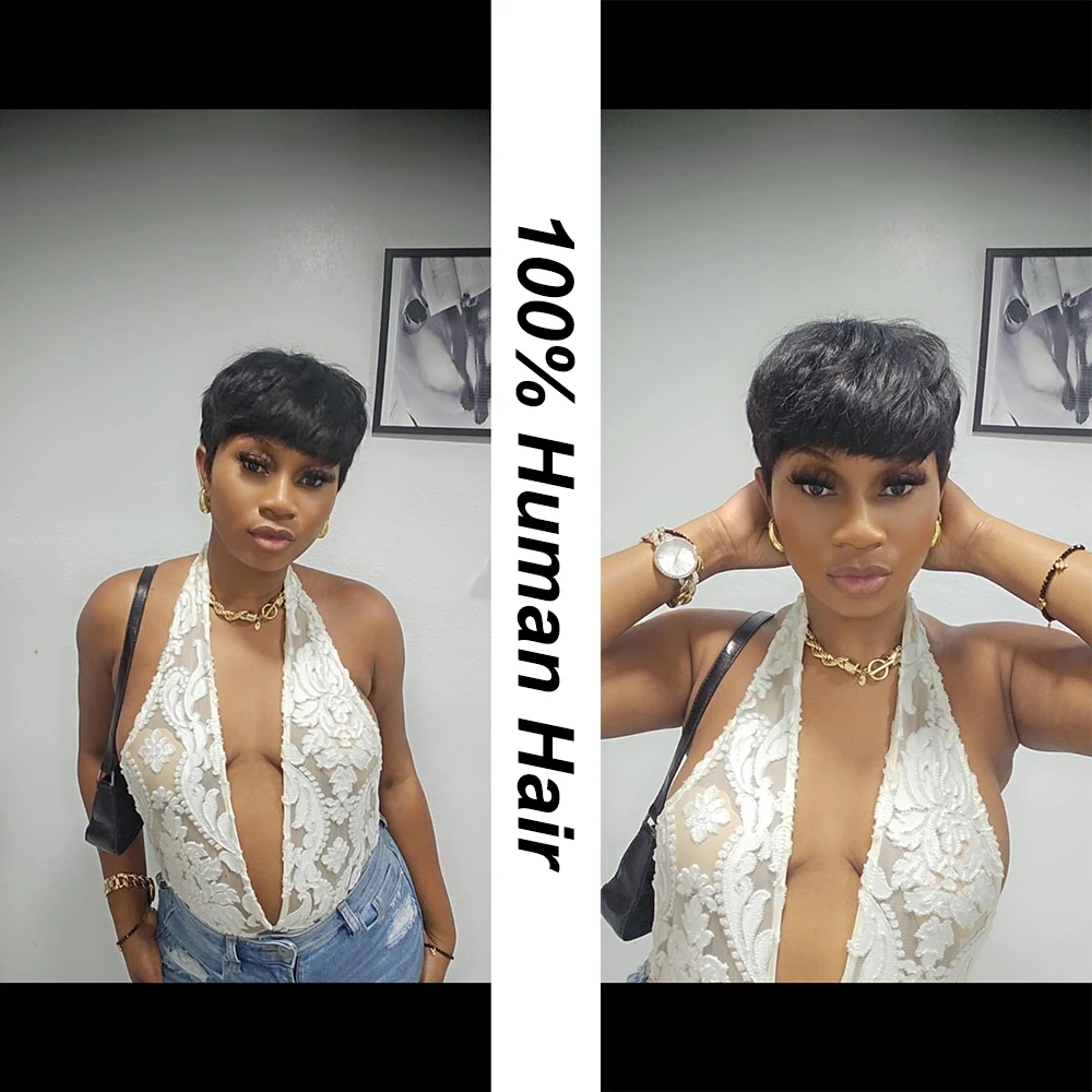 Короткий парик с стрижкой пикси. Прямые многослойные бразильские парики из человеческих волос с предварительно выщипанной челкой для женщин. Парик с машинной стрижкой.