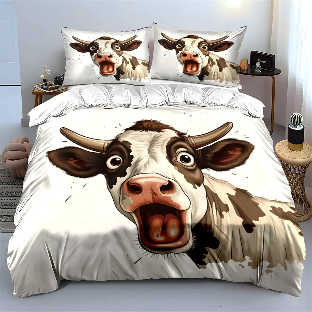 Surprised cow with wide-open mouth Print Bedding Set 1 Duvet Cover 2 Pillowcases for Adult and Children Luxury Gift Full Size