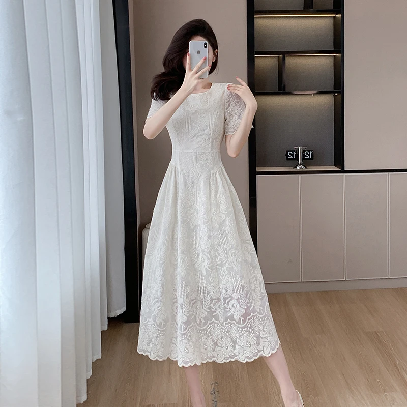 2024 New Summer Women O-Neck Short Sleeve Sashes Slim Long Dress High Quality Elegant Embroidery Beige Lace Dress